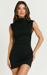 Carleigh Mini Dress - High Neck Ruched Bodycon Dress in Black